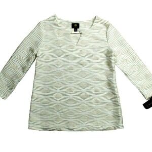 JM Collection Ivory Gold Metallic Winter White Top 0/2P Keyhole Neck Long Sleeve